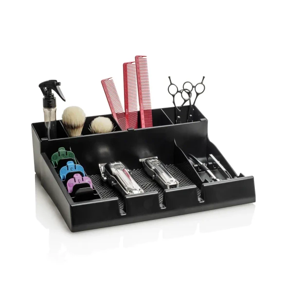 Organisateur de barbier Barber Organizer noir avec compartiments pour tondeuses, sabots, ciseaux, peignes et accessoires de coiffure