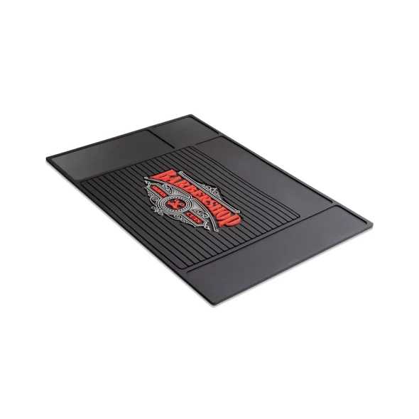 Tapis de travail en silicone Barber Working Pad noir 48 x 33 cm avec surface rainurée et motif Barber Session rouge