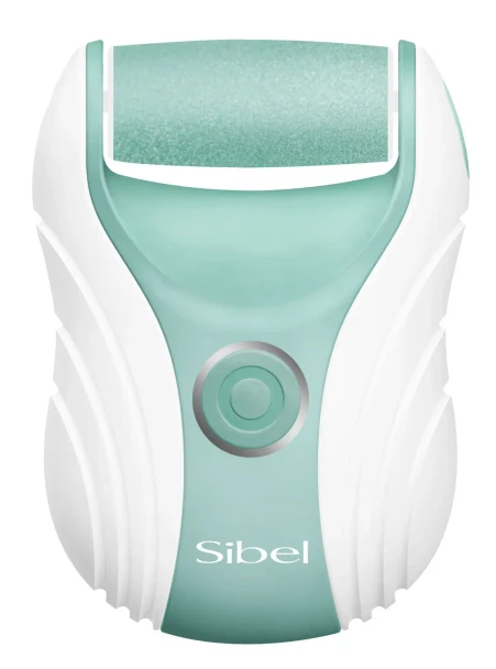 Râpe électrique Pedismooth Sibel blanche et turquoise avec rouleau exfoliant, cinq accessoires de pédicure, câble USB et pochette de rangement