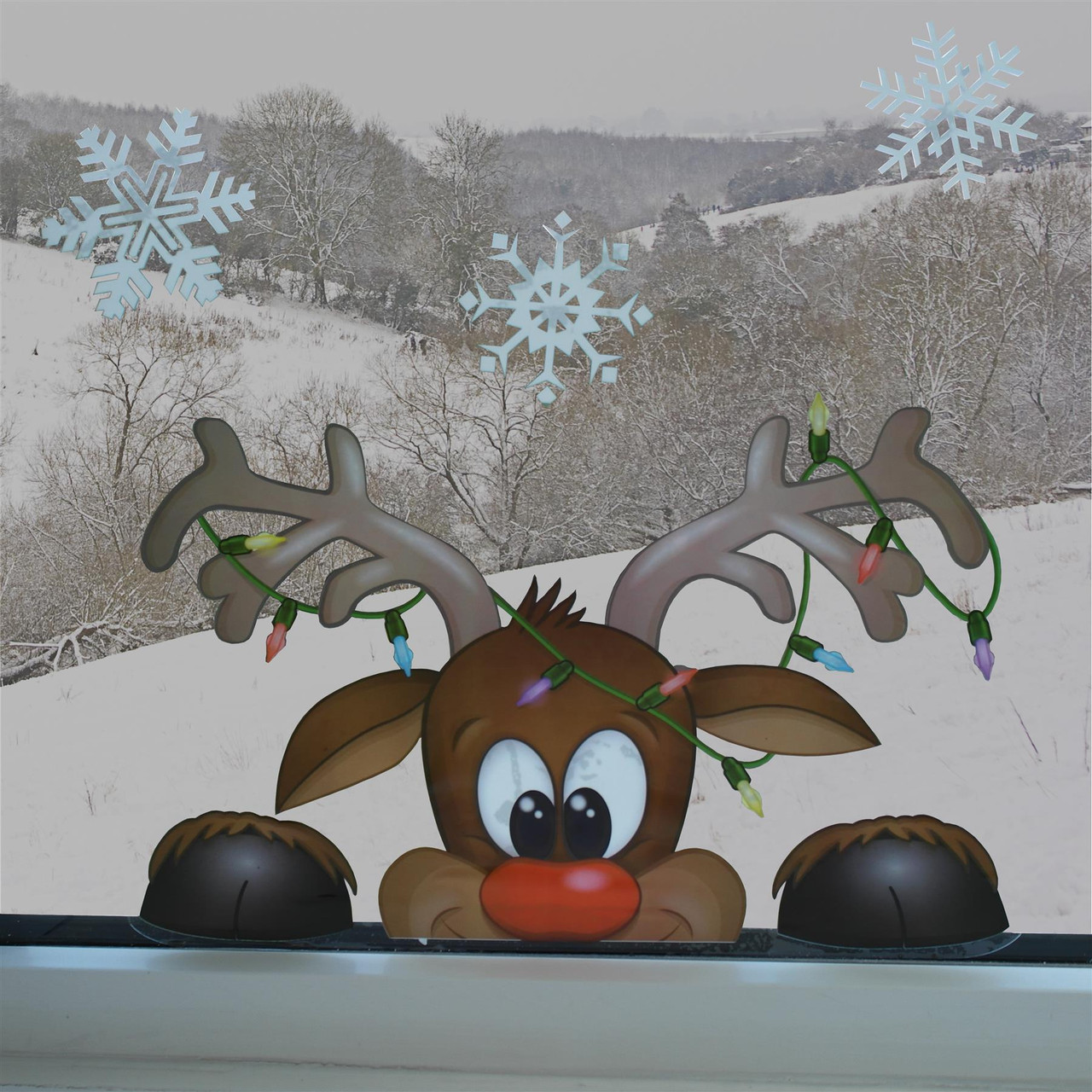 Peeking Santa & Rudolph Static Window Clings 28 Snowflakes Stickers Christmas 