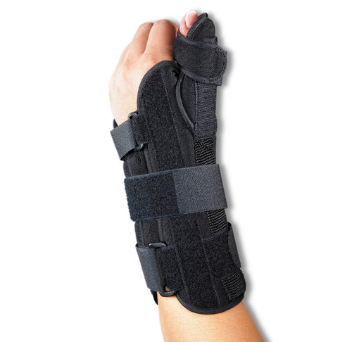 A person's hand with a NeoPhysio Wrist Brace with Thumb Splint on it. A person's hand with a NeoPhysio Wrist Brace with Thumb Splint on it.