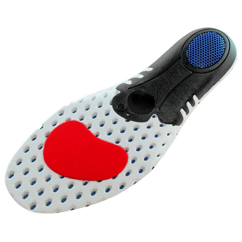 A white, red and blue NeoPhysio Orthotic Insole on a white background. A white, red and blue NeoPhysio Orthotic Insole on a white background.