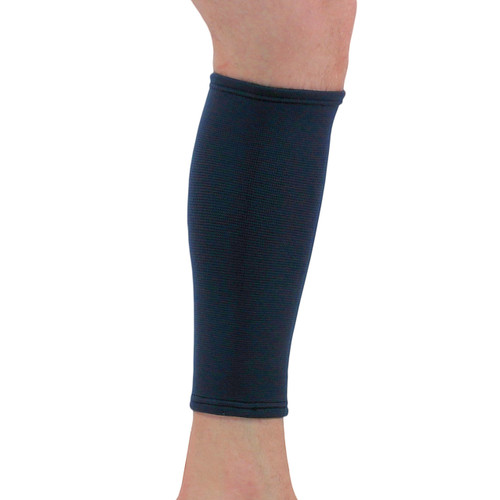 A man's leg with a NeoPhysio Medical Grade Elastic Compression Calf Support in navy.
