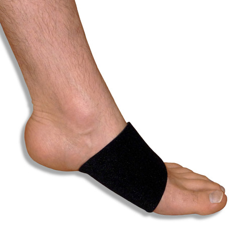 A man's foot with a NeoPhysio Neoprene Foot Arch Support with a silicone wedge on it. A man's foot with a NeoPhysio Neoprene Foot Arch Support with a silicone wedge on it.