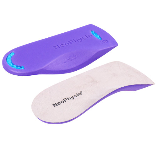 A pair of purple and white NeoPhysio Slim Line 3/4 length Orthotic Insoles on a white background. A pair of purple and white NeoPhysio Slim Line 3/4 length Orthotic Insoles on a white background.