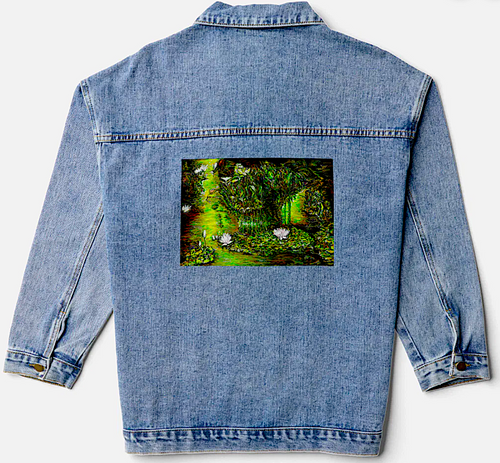 Original Painting by New York City, Fine Art Artist, Gaye Elise Beda,. Denim Jacket, www.gayeelisebeda.store Check it out.