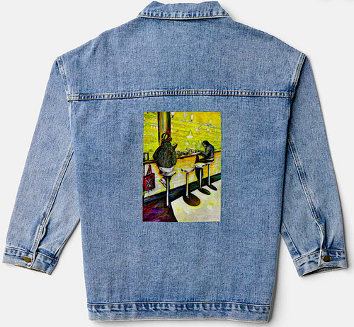 Original Painting by New York City, Fine Art Artist, Gaye Elise Beda,. Denim Jacket, www.gayeelisebeda.store Check it out.