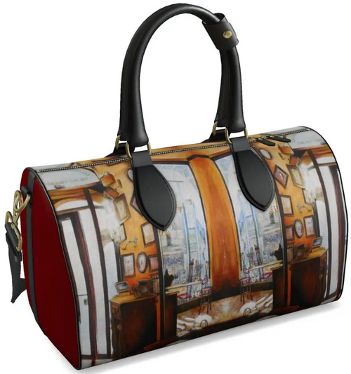 Original Painting by New York City Artist, Gaye Elise Beda. Leather Duffle Bag, Check it out. gayeelisebeda.store
