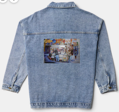 Original Painting by New York City, Fine Art Artist, Gaye Elise Beda,. Denim Jacket, www.gayeelisebeda.store Check it out.