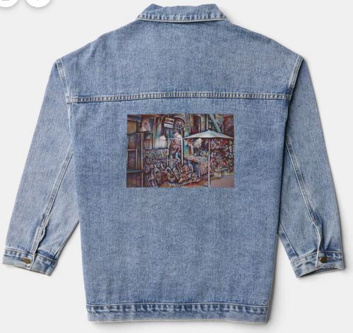 Original Painting by New York City, Fine Art Artist, Gaye Elise Beda,. Denim Jacket, www.gayeelisebeda.store Check it out.