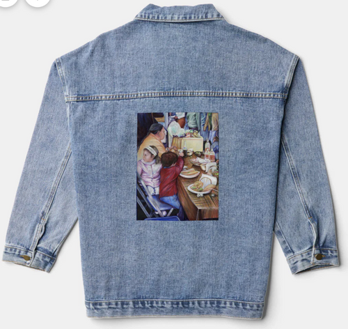 Original Painting by New York City, Fine Art Artist, Gaye Elise Beda,. Denim Jacket, www.gayeelisebeda.store Check it out.