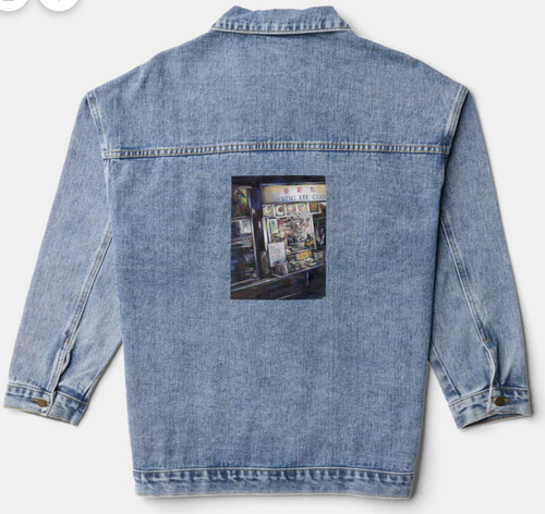 Original Painting by New York City, Fine Art Artist, Gaye Elise Beda,. Denim Jacket, www.gayeelisebeda.store Check it out.