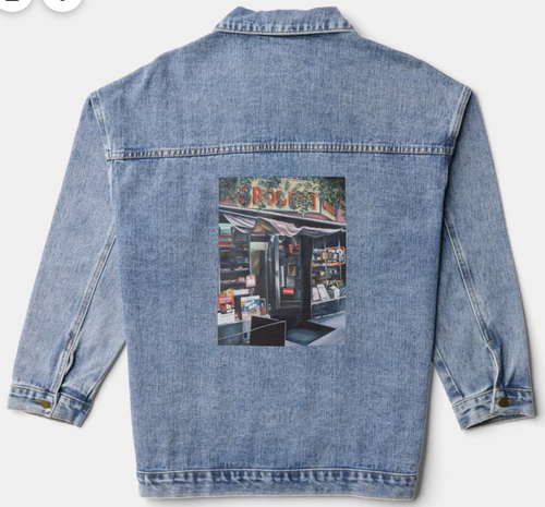 Original Painting by New York City, Fine Art Artist, Gaye Elise Beda,. Denim Jacket, www.gayeelisebeda.store Check it out.