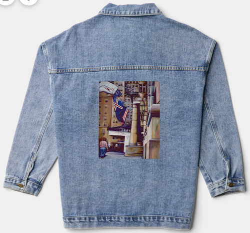 Original Painting by New York City, Fine Art Artist, Gaye Elise Beda,. Denim Jacket, www.gayeelisebeda.store Check it out.