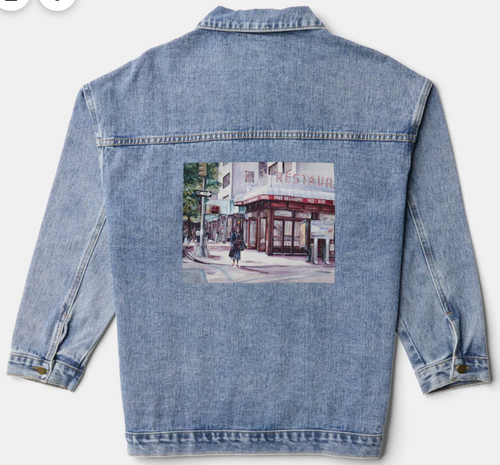 Original Painting by New York City, Fine Art Artist, Gaye Elise Beda,. Denim Jacket, www.gayeelisebeda.store Check it out.