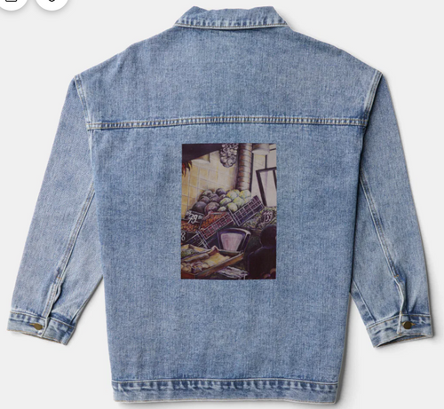 Original Painting by New York City, Fine Art Artist, Gaye Elise Beda,. Denim Jacket, www.gayeelisebeda.store Check it out.