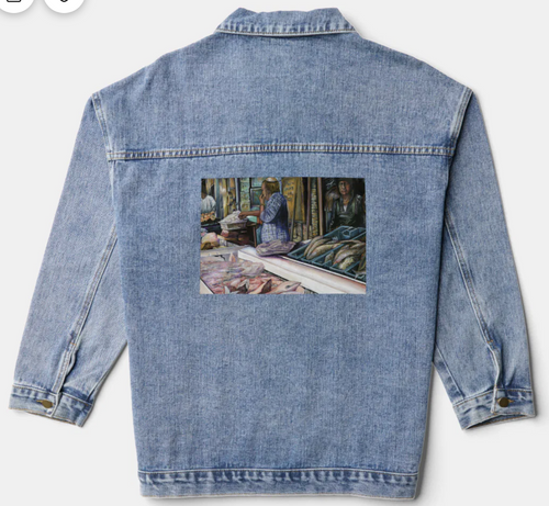 Original Painting by New York City, Fine Art Artist, Gaye Elise Beda,. Denim Jacket, www.gayeelisebeda.store Check it out.