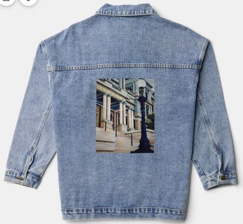 Original Painting by New York City, Fine Art Artist, Gaye Elise Beda,. Denim Jacket, www.gayeelisebeda.store Check it out.