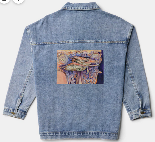 Original Painting by New York City, Fine Art Artist, Gaye Elise Beda,. Denim Jacket, www.gayeelisebeda.store Check it out.