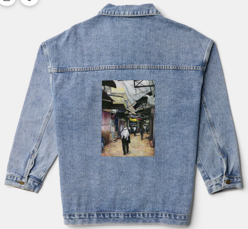 Original Painting by New York City, Fine Art Artist, Gaye Elise Beda,. Denim Jacket, www.gayeelisebeda.store Check it out.