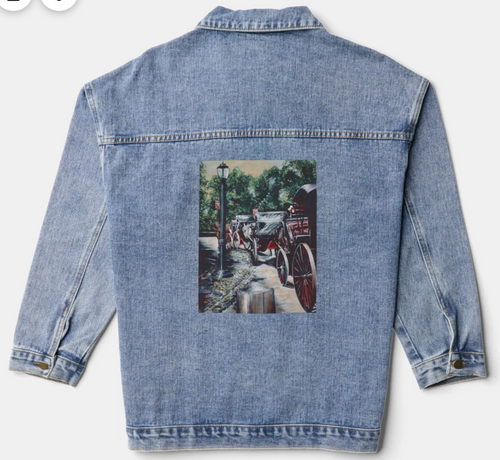 Original Painting by New York City, Fine Art Artist, Gaye Elise Beda,. Denim Jacket, www.gayeelisebeda.store Check it out.