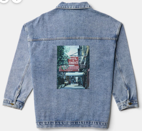 Original Painting by New York City, Fine Art Artist, Gaye Elise Beda,. Denim Jacket, www.gayeelisebeda.store Check it out.