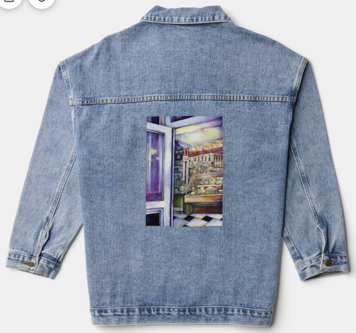 Original Painting by New York City, Fine Art Artist, Gaye Elise Beda,. Denim Jacket, www.gayeelisebeda.store Check it out.