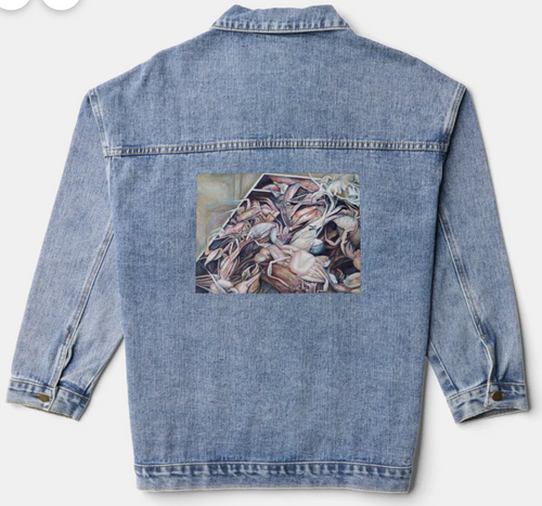 Original Painting by New York City, Fine Art Artist, Gaye Elise Beda,. Denim Jacket, www.gayeelisebeda.store Check it out.