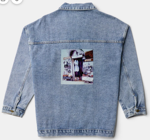 Original Painting by New York City, Fine Art Artist, Gaye Elise Beda,. Denim Jacket, www.gayeelisebeda.store Check it out.