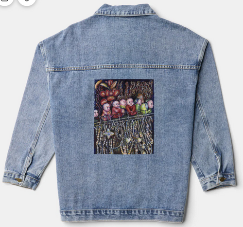 Original Painting by New York City, Fine Art Artist, Gaye Elise Beda,. Denim Jacket, www.gayeelisebeda.store Check it out.