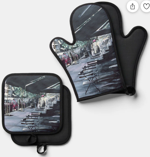 Original Painting by New York City, Fine Art Artist, Gaye Elise Beda,  Oven Mitts and Pot Holders, www.gayeelisebeda.store Check it out.