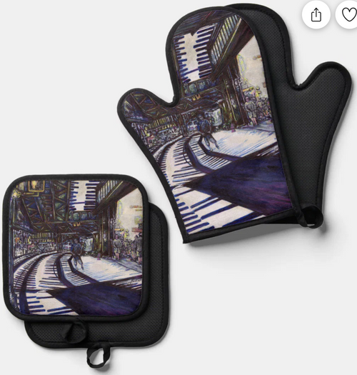 Original Painting by New York City, Fine Art Artist, Gaye Elise Beda,  Oven Mitts and Pot Holders, www.gayeelisebeda.store Check it out.