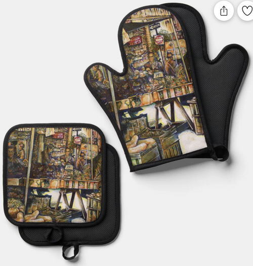Original Painting by New York City, Fine Art Artist, Gaye Elise Beda,  Oven Mitts and Pot Holders, www.gayeelisebeda.store Check it out.