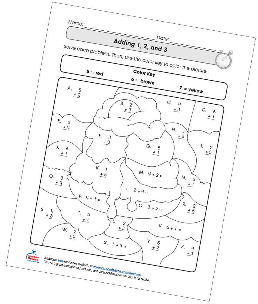 Adding 1, 2, and 3 Free Printable | Carson Dellosa