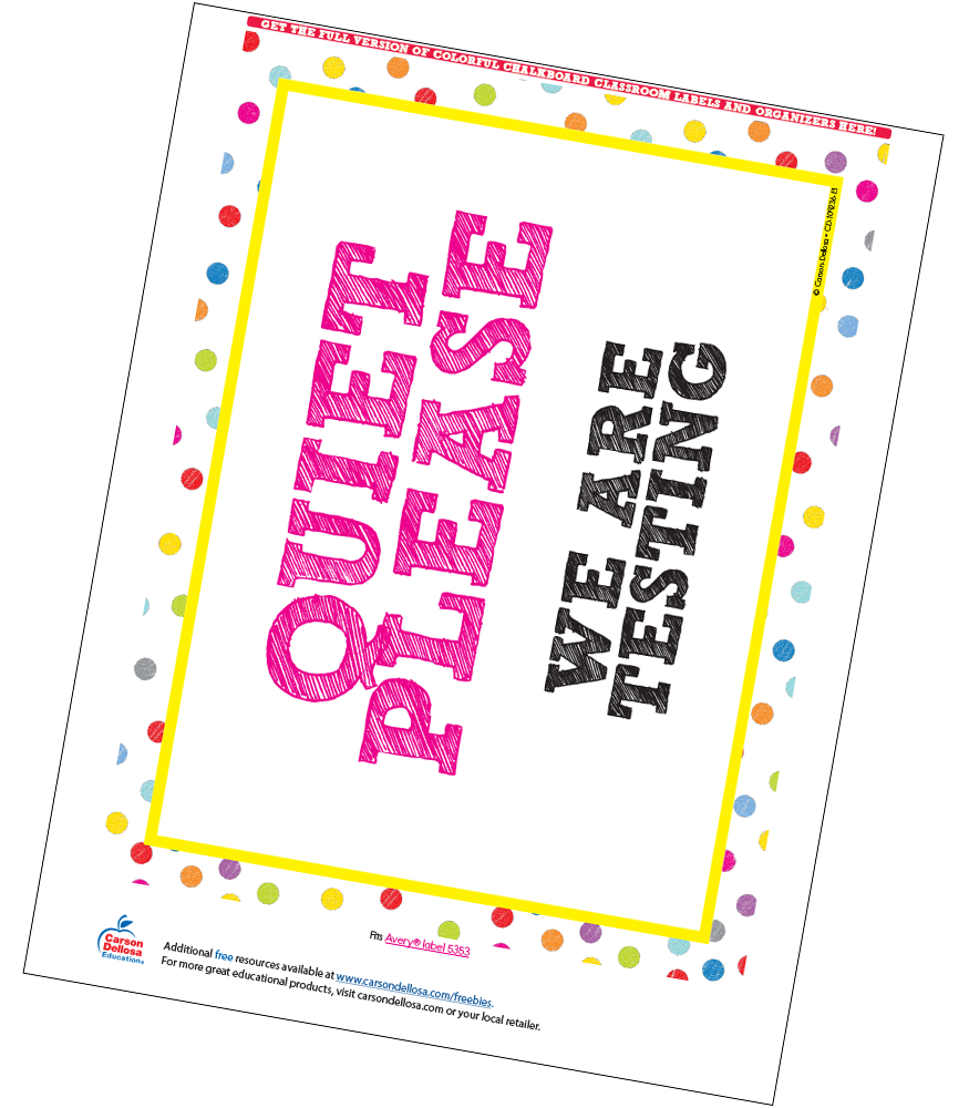 colorful chalkboard classroom testing sign free printable | carson