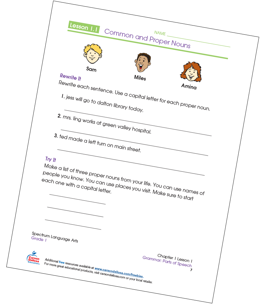 Writing Common and Proper Nouns Free Printable | Carson Dellosa