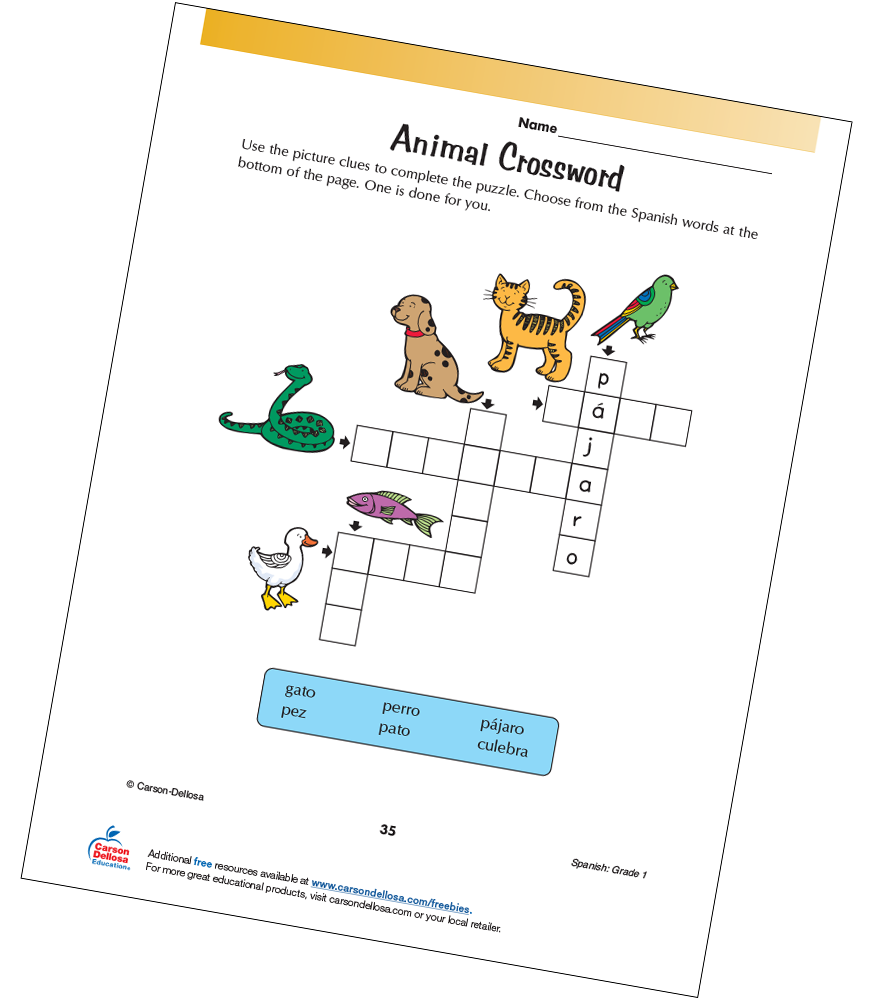 Animal crossword spanish free activity | carson dellosa