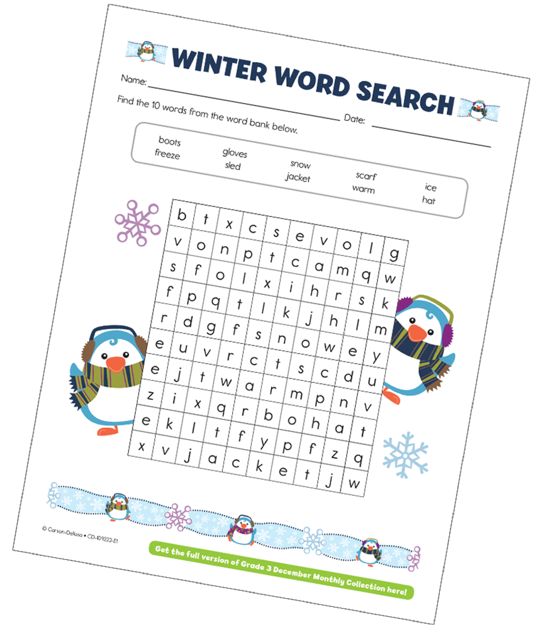 winter word search grade 3 free printable carson dellosa