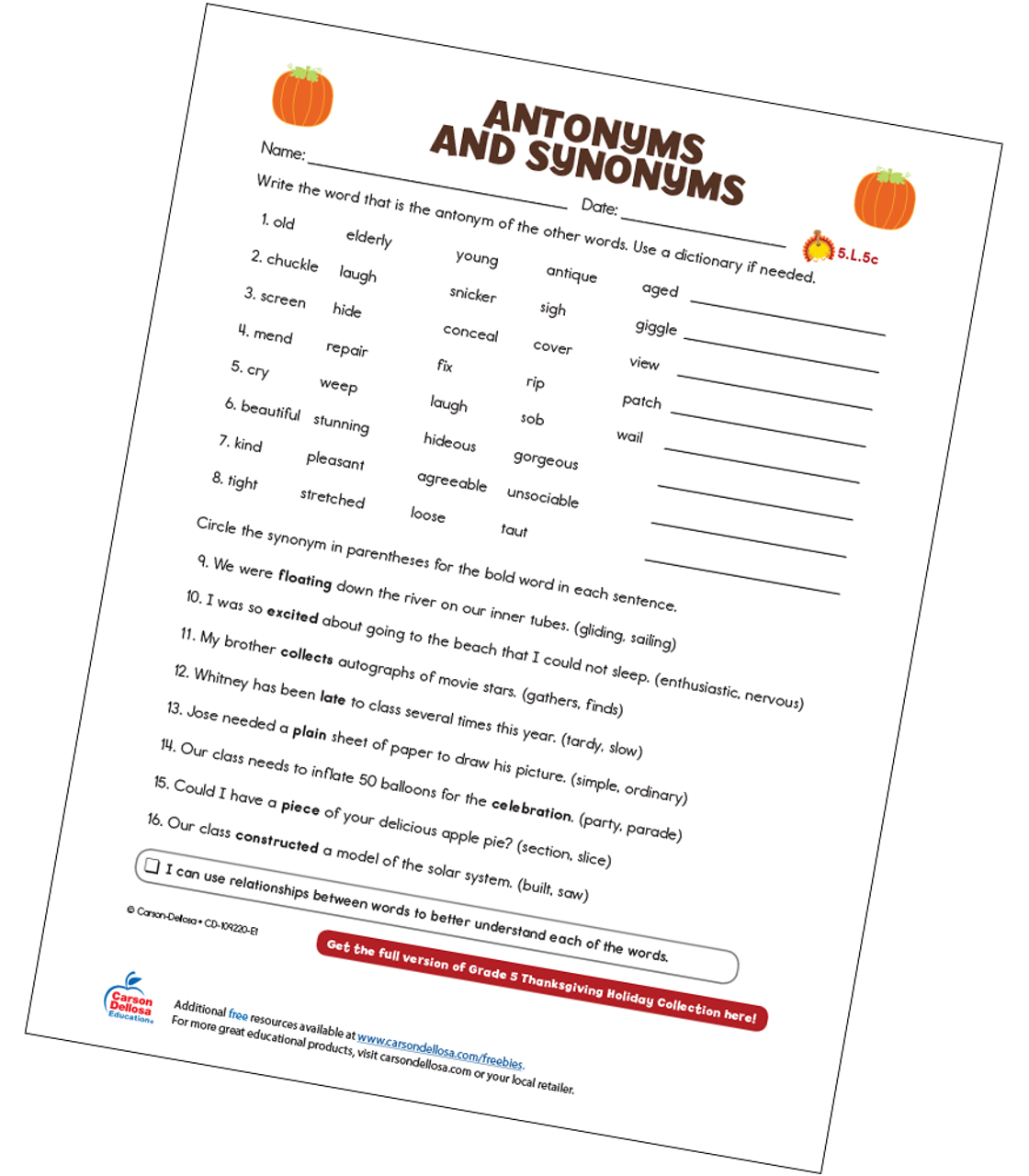 Antonyms And Synonyms Free Printable Carson Dellosa