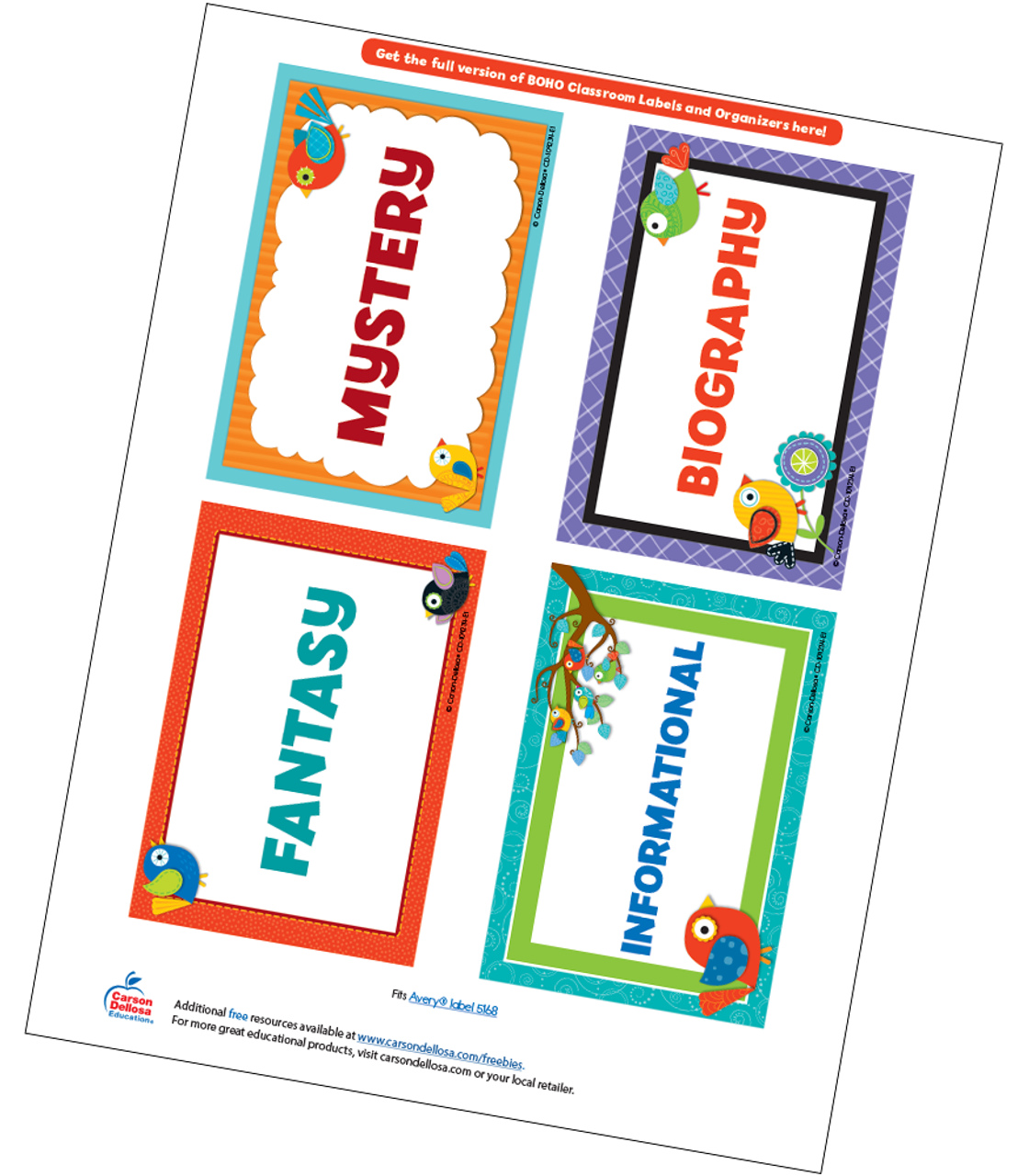 boho birds classroom library labels free printable carson dellosa