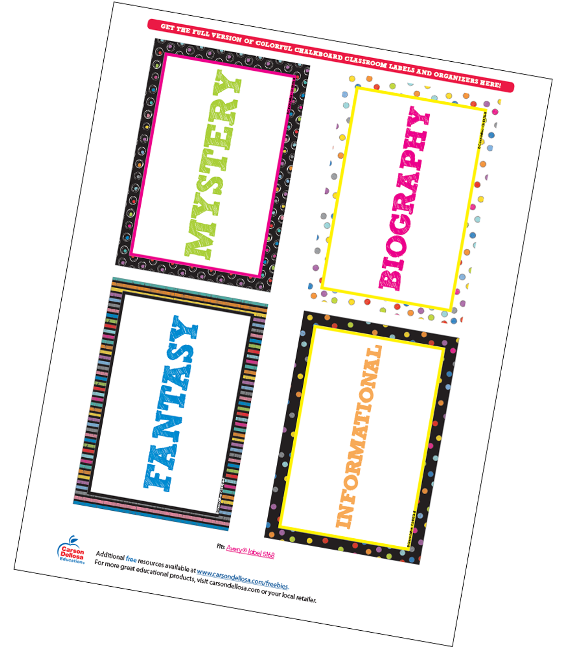colorful chalkboard classroom library labels free printable carson dellosa