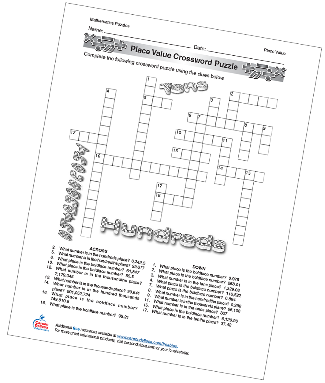 Place Value Crossword Puzzle Free Printable Carson Dellosa Education