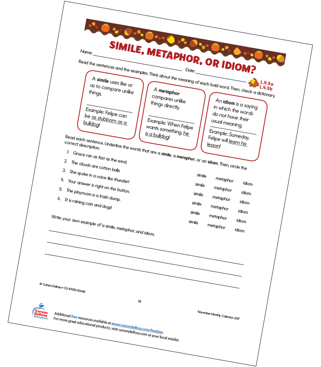 Simile, Metaphor, or Idiom Free Printable  Carson Dellosa For Similes And Metaphors Worksheet