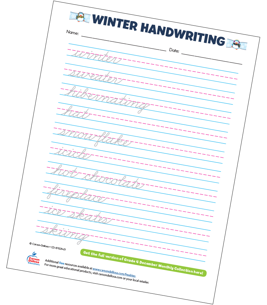 Winter Handwriting Grade 4 Free Printable | Carson Dellosa