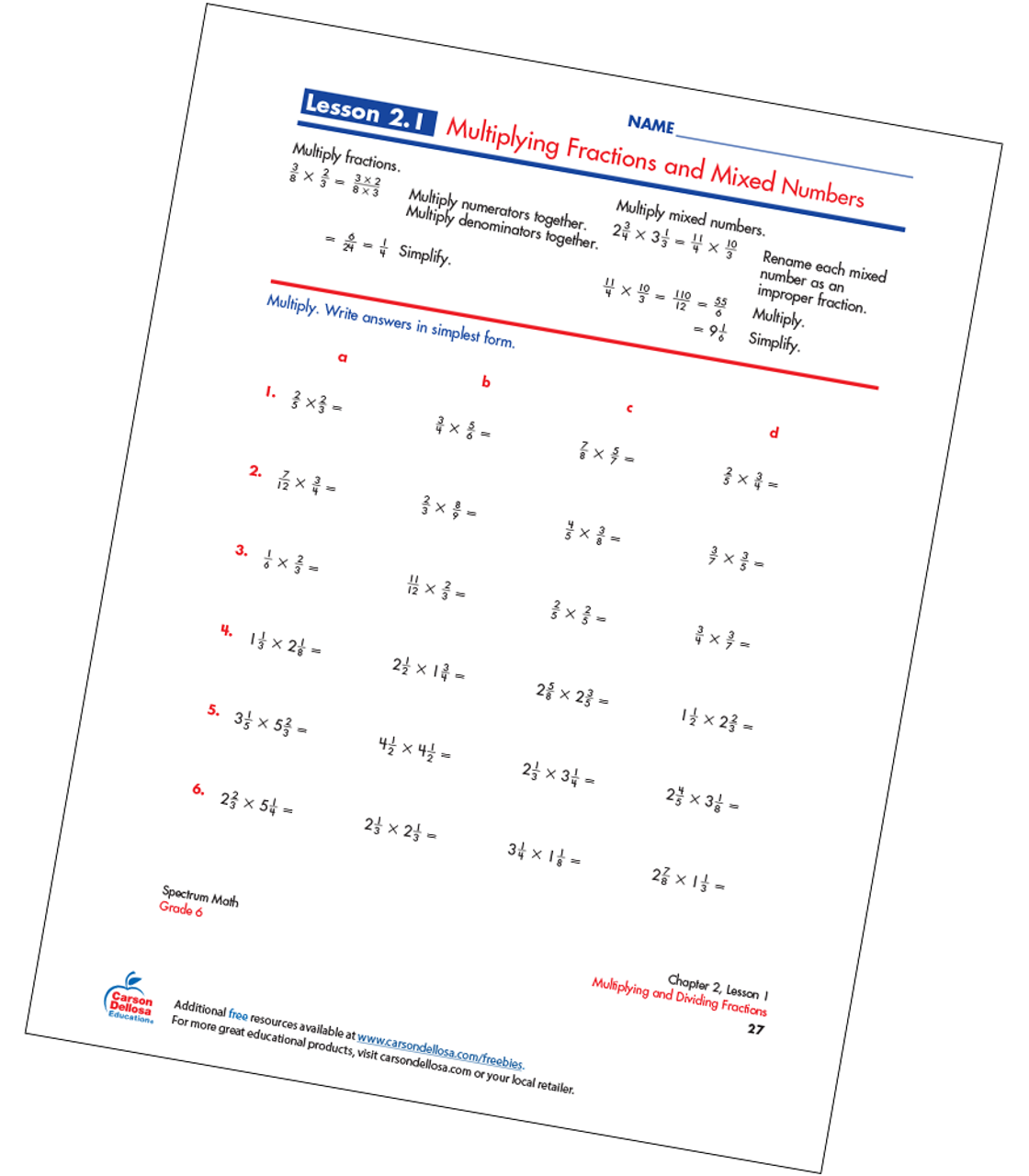 Multiplying Fractions and Mixed Numbers Free Printable  Carson With Regard To Multiplying Mixed Fractions Worksheet