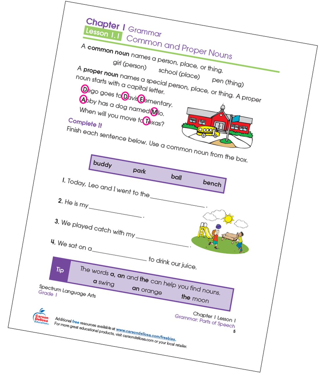 Common And Proper Noun Fill in the Blanks Grade 1 Free Printable Carson Dellosa