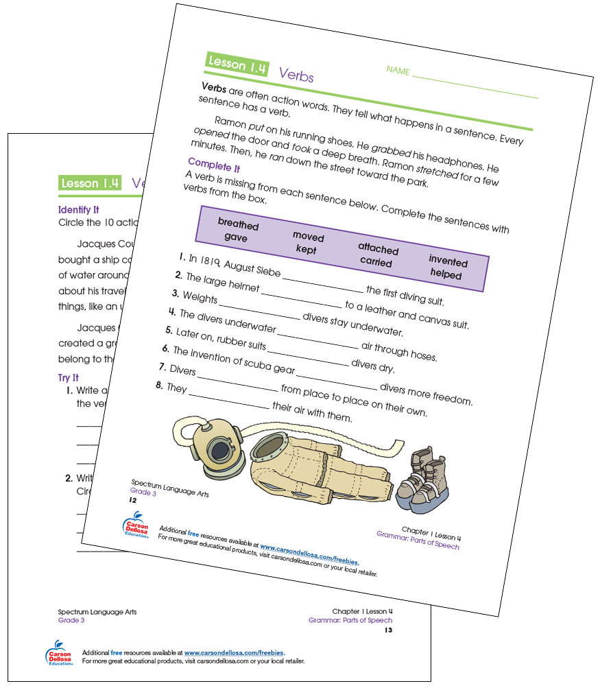 Identifying Verbs Grade 3 Free Printable Carson Dellosa