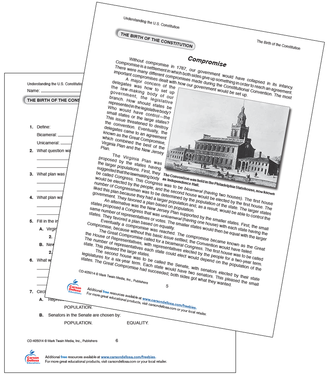 Birth of the Constitution: The Compromise Free Printable  Carson Throughout The Constitution Worksheet Answers