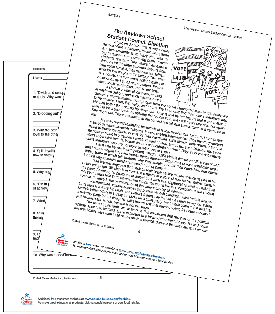 The Anytown School Student Council Election Grades 5 8 Free Printable Carson Dellosa