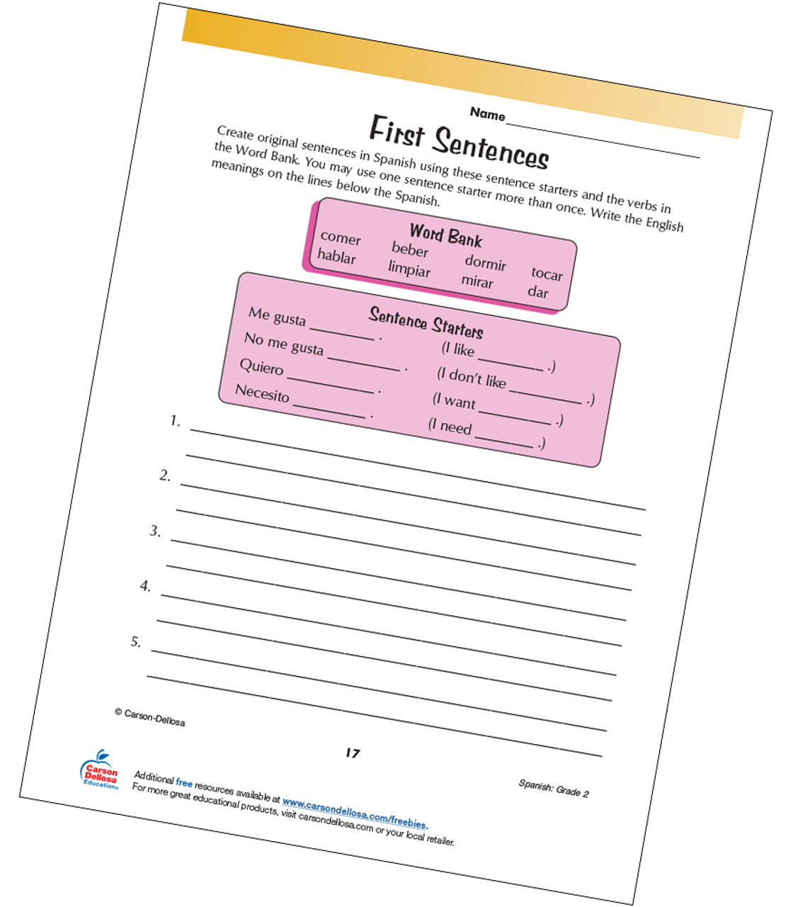 first sentences spanish free printable carson dellosa